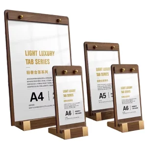 Wooden Base Display Stand for Transparent Price Tag Brochures Paper Posters Table Menu Acrylic Sign Holder