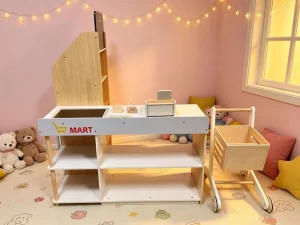 Wooden Children’s Pretend Store Shelf and Checkout Counter Toy Set Resembling a Supermarket Toy Collection