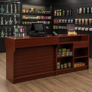 Wooden Slatwall Checkout Counter Retail Reception Desk with Storage Drawer for Convenience Stores Shopping Mall Use