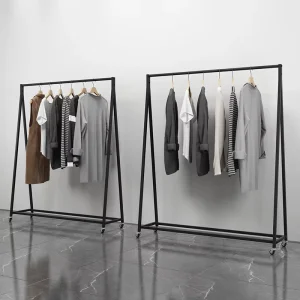 Wrought Iron Art Deco Multifunctional Clothing Store Display Storage Hanger Floor Standing Wheels Movable Rack