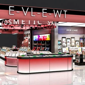 XYaS A Customized Cosmetic Store Interior Design with Golden Stainless Steel and Black Laminated for Cosmetic Store Fixtures