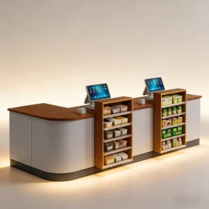 YC 054 Contemporary Durable Office Reception Desk and Checkout Counter Combo with Built In Display Racks for Cashier Use