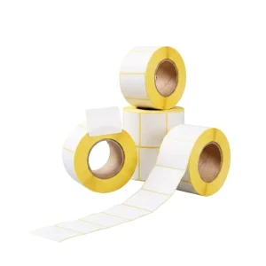 Yellow Background Adhesive Label Paper Rolls in Multiple Sizes (58×40 58×30 100×100) for Barcode Printing and Shipping Use