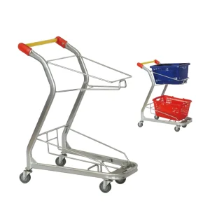 Zinc Plated Metal Unfolding Basket Trolley with Two Baskets for Supermarket Shopping