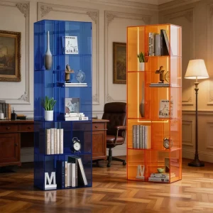 Contemporary Clear Bookshelf Acrylic Geometric Grid Floor Standing for Home Office Study Room Bedroom Storage Rack