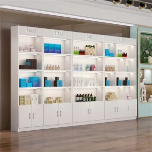Customized Cosmetic Store Shelves Fixtures White With Led Light