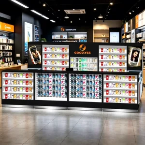 Eco friendly LED Lighting Customizable Durable Free Standing Mobile Phone Exhibition Stand & Store Fixtures