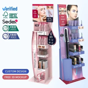 Factory Customized Logo Free Design Foldable POP Corrugated Cardboard Floor Shelf Rack Display Stand for Cosmetic Makeup