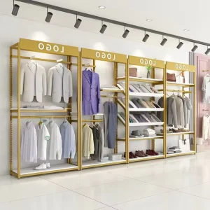 TB 127 Modern Customized Clothing Store Display Rack Metal Wooden Stainless Steel Retail Store Fixture Shelves Racks